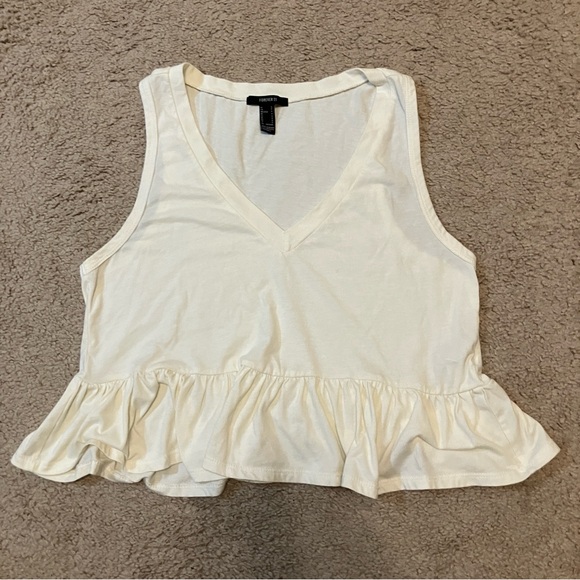 Forever 21 Tops - Forever 21 Women’s Tank Top V-Neck Ruffle Hem Ivory Cream Flowy Ruffle Hem